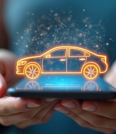 Hands holding smartphone with car icon symbol over screen. Buy or rent automobile online with mobile app. Digital service, transportation technology, online order. Hands holding smartphone with car icon symbol over screen. Buy or rent automobile online with mobile app. Digital service, transportation technology, online order.
