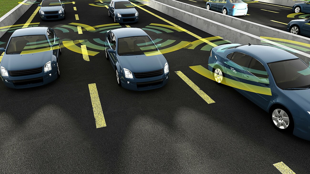 Autonomous cars on a road with visible connection